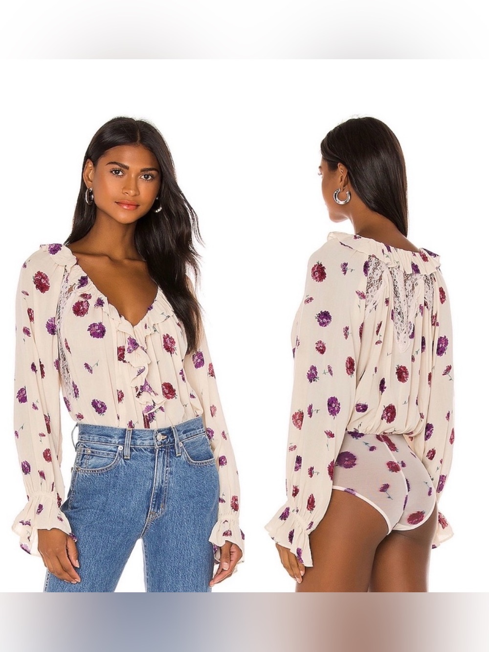 Free People Cream Bodysuit with Purple & Burgundy Floral Print